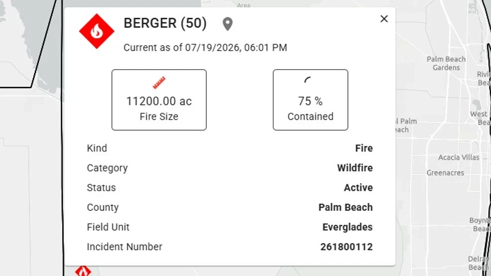 Berger Wildfire grows to 11,200 acres in western Palm Beach County; 75% contained